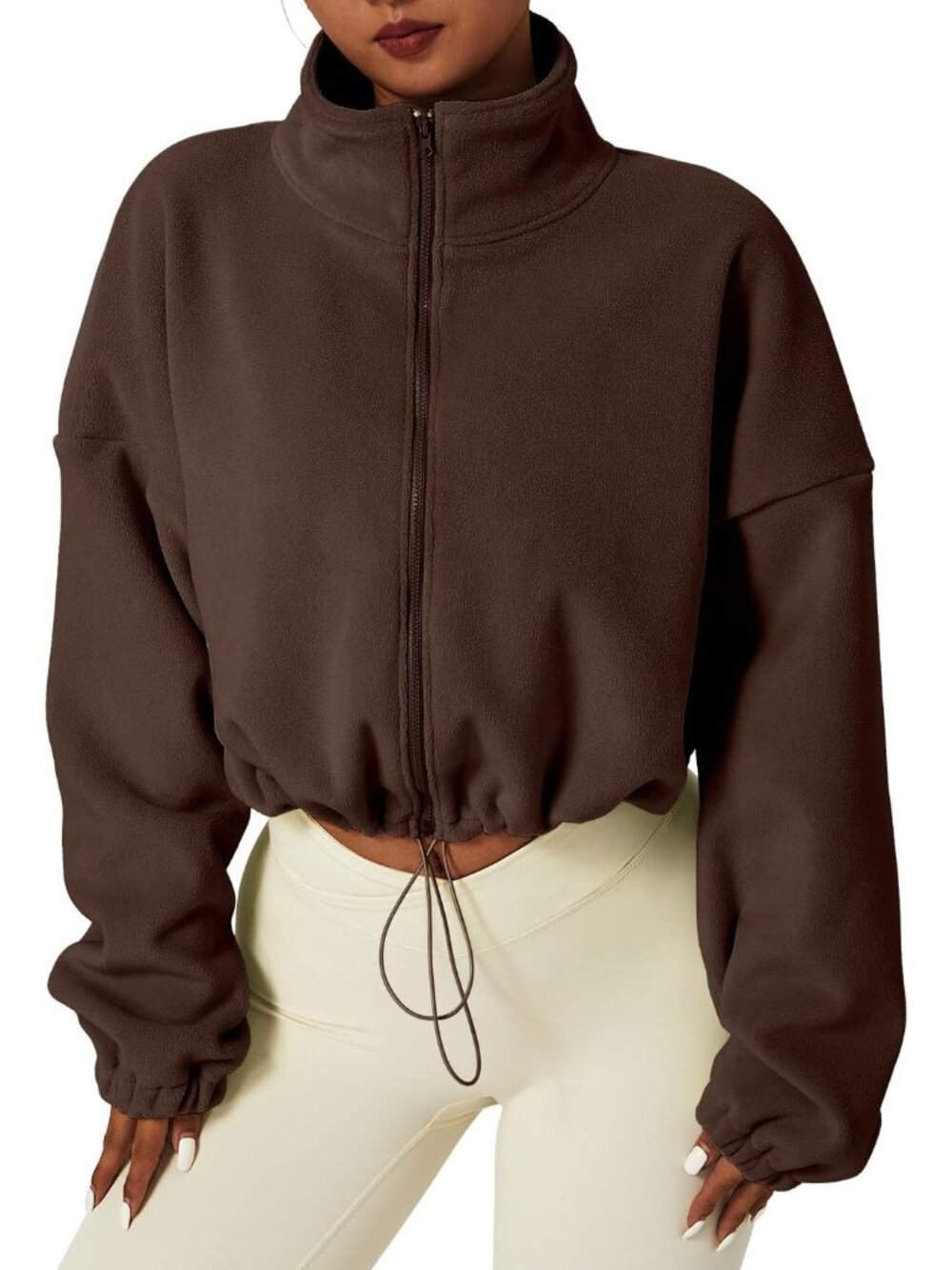 〽️Women's Caramel Coffee Lightweight Cropped Fleece Full Zip Winter Stand Collar
